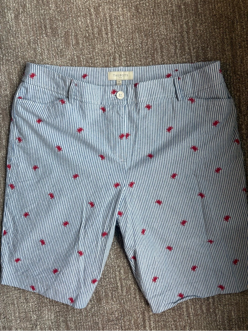 Talbots Blue and White Striped Seersucker Shorts with Red Crab Motif Size 16